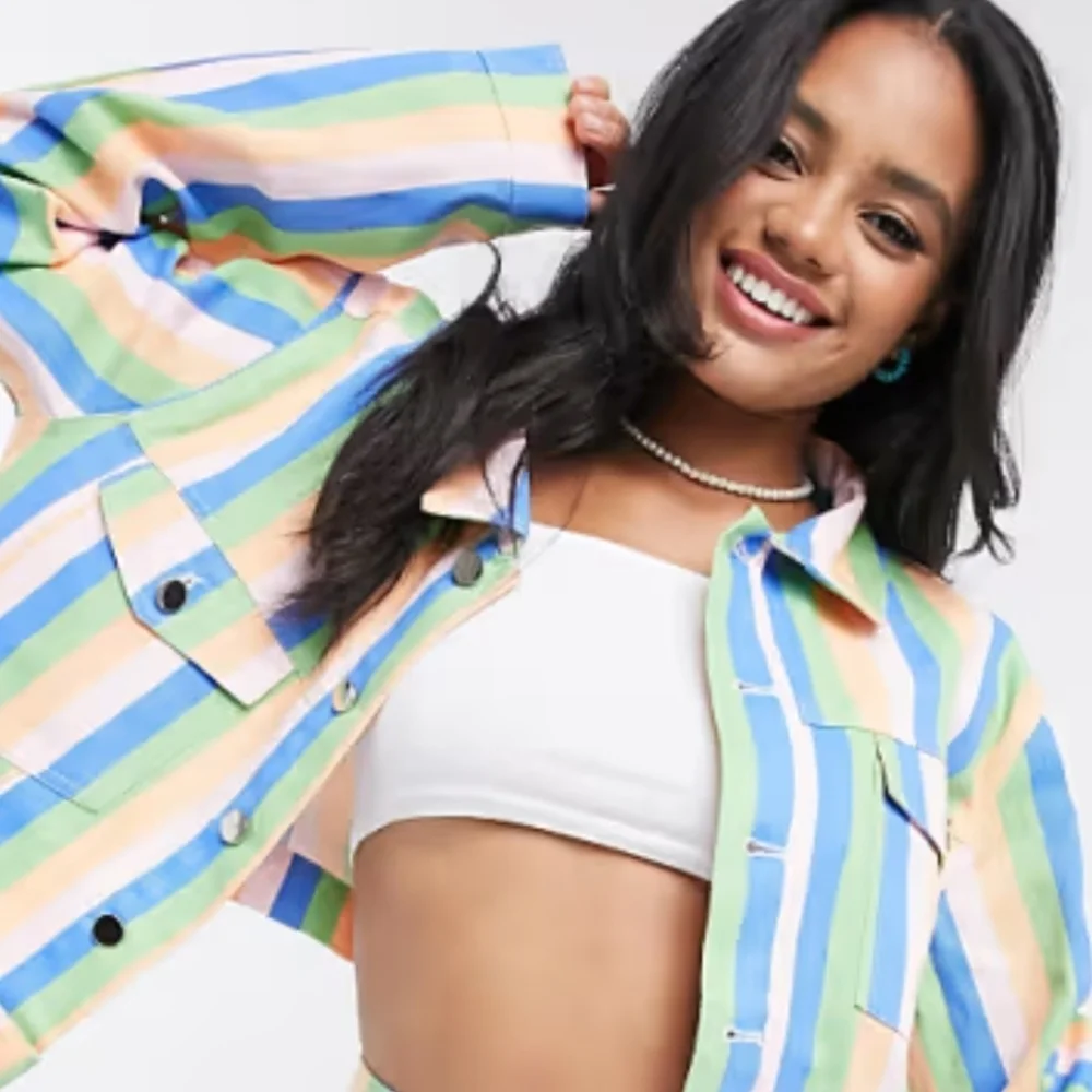 DAISY STREET CROPPED MULTI COLOR STRIPE ALL COTTON TRUCKER JACKET SIZE MEDIUM - Picture 6 of 12